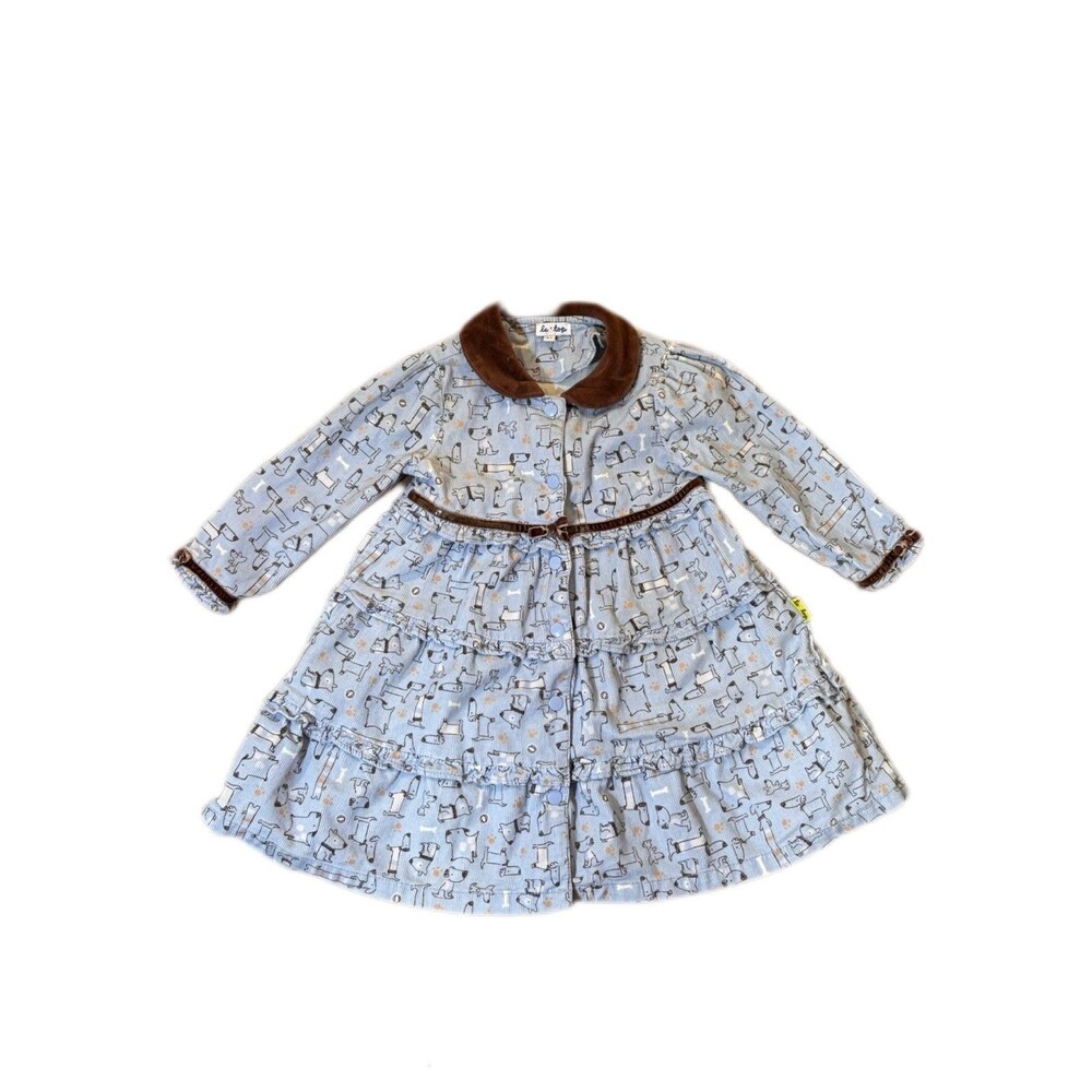 Le Top Blue Corduroy & Velour Dog Print Girls Jacket Overcoat Snap Front 2T